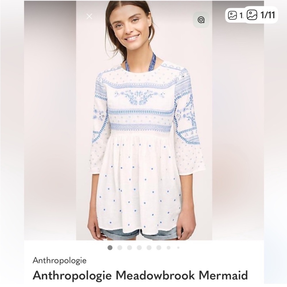 Anthropologie White Top with Light Blue Embroidery